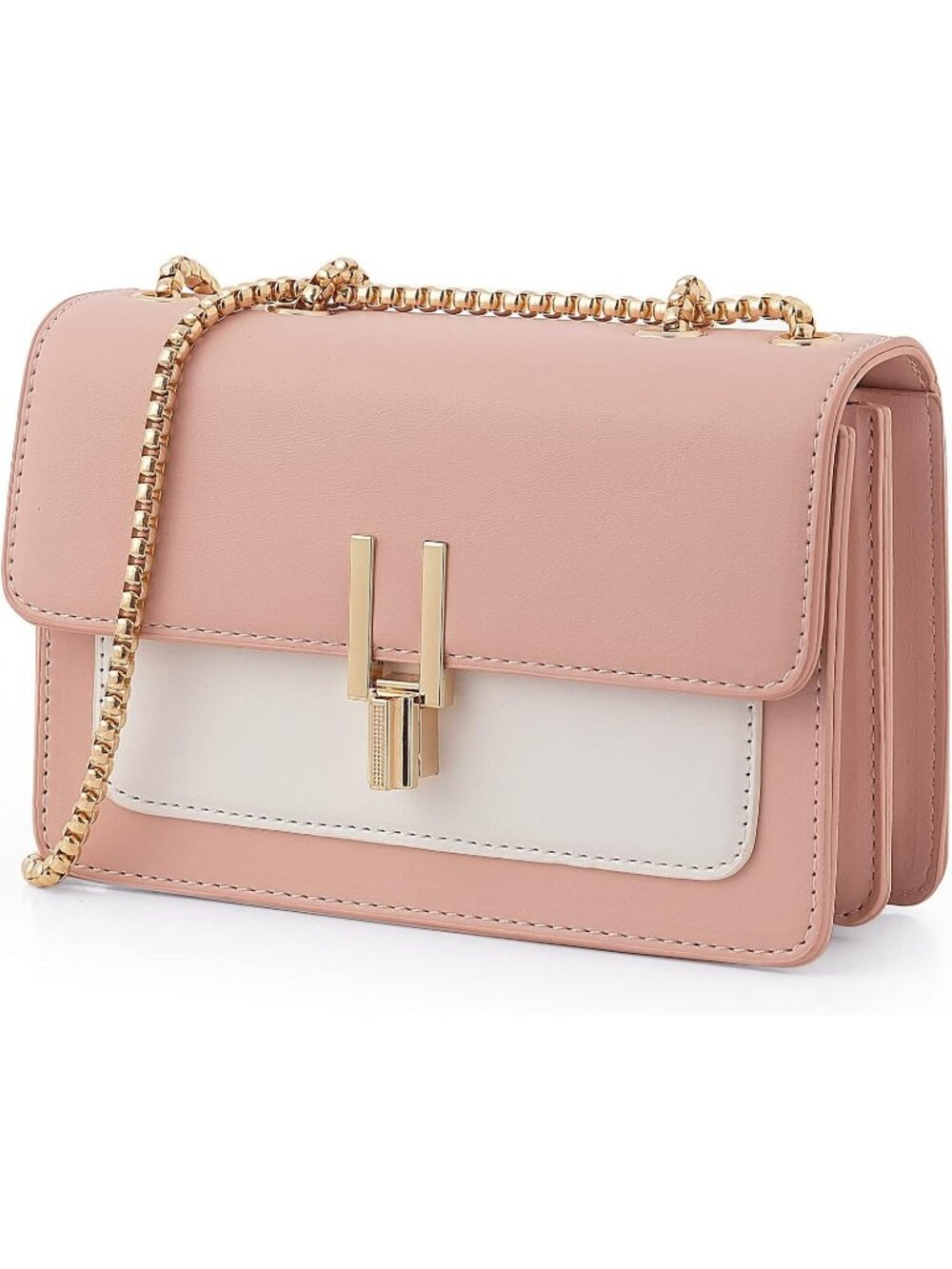 Women's Pink Color Block Leather Purse Chain Strap Crossbody Shoulder Bag